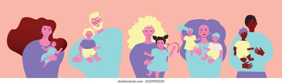 Isolated set with mothers and fathers with children as parenthood concept, flat vector stock illustration