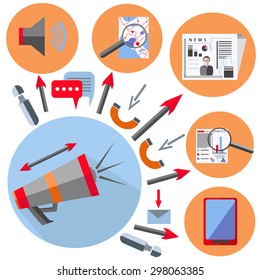 Isolated set of office flat style. Icons of magnifier, gramophone, gadget, newspaper, arrows flash drive on a white background. Elements for web applications, website design. Vector illustration