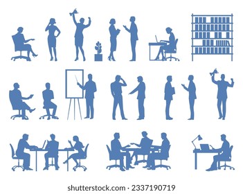 Isolated set of office people silhouette doing their job on white background. Vector illustration of man and woman employee characters