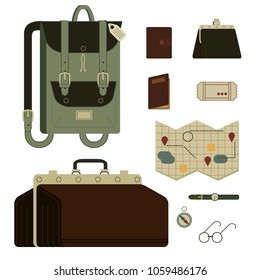 A isolated set of old vintage travel bags, backpacks, cases, and travel items - passport, tickets, card, compass, glasses, watch. Illustrations isometric icons for traveling, vacation, flying, resting