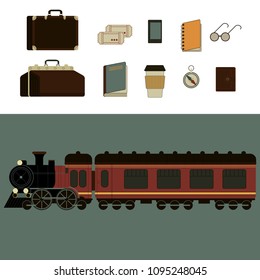Isolated set of old vintage travel bags, cases, luggage, travel items - vintage train, locomotive, train., tickets, card, coffee cup. Illustrations flat isometric icons for traveling, resting. Vector
