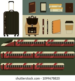 Isolated set of old vintage travel bags, cases, luggage and travel items - passport, tickets, card, compass, glasses, watch. Illustrations flat isometric icons for traveling, flying, resting, airport.
