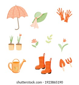 Conjunto aislado sobre un fondo blanco. Suministros de jardín, flores, paraguas y sombrero. Fabricado en forma plana vectorial. Jardín. Primavera. Verano. Adecuado para materiales especializados, carteles y diseños.