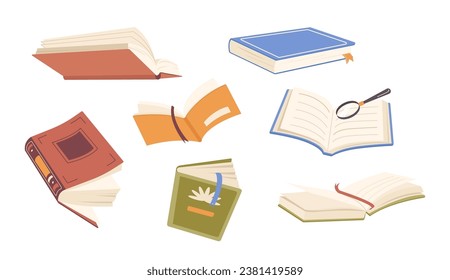 Isolated set of opened and closed books prepared for reading, knowledge searching on white