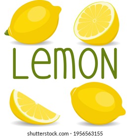 Isolated set peaces of lemon with inscription 