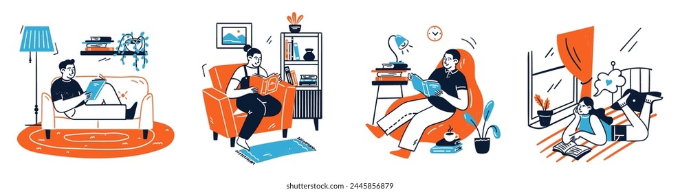 Isolated set of people characters reading book at home