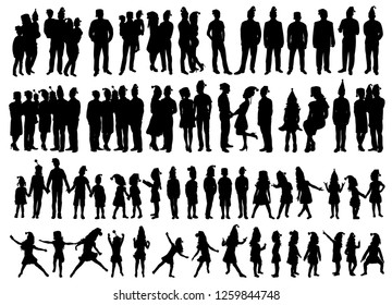 isolated, set of people and children silhouettes, new year, christmas