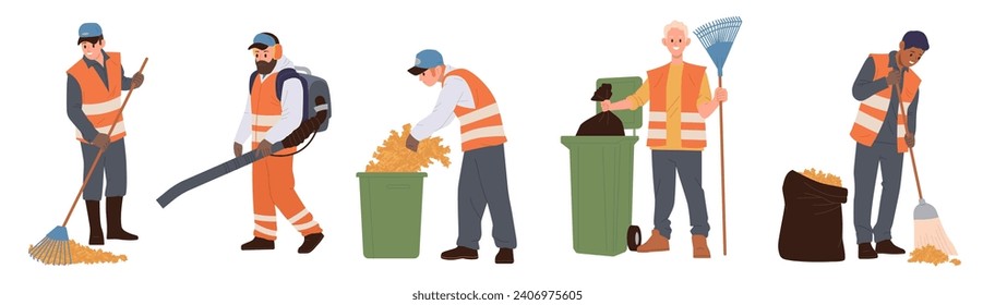 Isolated set of people cleaners cartoon character wearing uniform removing leaves from street