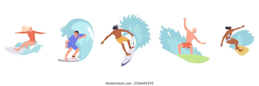 Isolated set of people surfers character standing on board catching wave riding speed in sea water