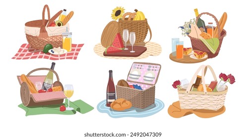 Isolated set of picnic wicker baskets with snacks, drinks and sweets for outdoor rest in nature