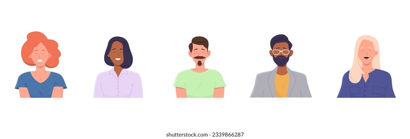 Isolated set of portrait with different multiracial male and female character happy people