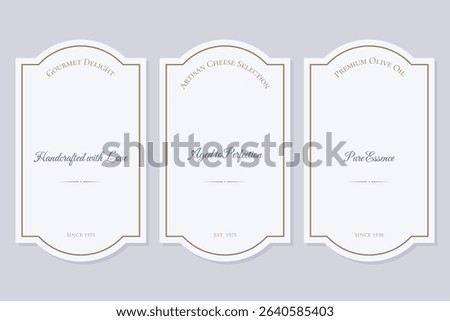 Isolated Set of Premium white Labels with text. Good for high-end gourmet, artisanal, fine food products, packaging premium beverages, cheeses, oils or culinary creations