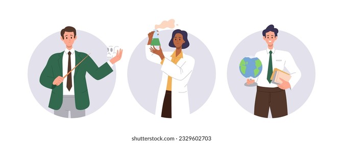 Isolated set of professional school educator cartoon characters round icon avatar composition