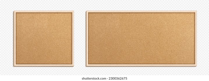 Isolated set of realistic 3d vector cork board with wood frame. Empty png wall corkboard with brown texture for school or office on transparent background. Business noticeboard design illustration.