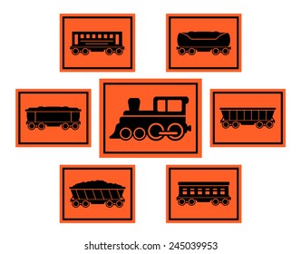 isolated set red rail road icons with train silhouette and coach collection