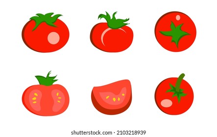 Un conjunto aislado de tomates rojos sobre un fondo blanco. Para logos y banners. El concepto de alimentos y verduras saludables. Ilustración vectorial.