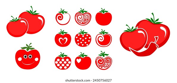 Conjunto aislado de tomates rojos sobre fondo blanco. Para logos y Anuncios. Concepto de comida saludable y vegetales frescos. Símbolo de comida. Producto del mercado agrícola. Ilustración plana de Vector.