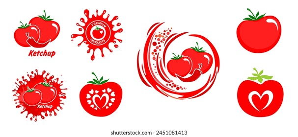 An isolated set of red tomatoes on a white background. For logos and banners. Healthy food and Fresh vegetables concept. Food symbol. Farm market product. Vector flat illustration.