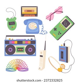 Isolated set with retro electronic devices stylish vintage attributes and gadgets from 90s