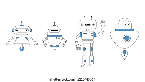 Conjunto aislado de diseños de dibujos animados de robots. Iconos de inteligencia artificial de tecnología ilustración vectorial