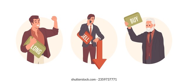 Isolated set of round avatar icon composition with happy successful male trader, investor or broker