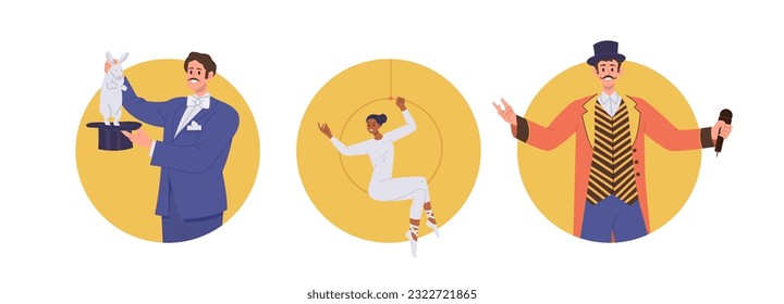 Isolated set of round composition with different circus artist and show host vector illustration