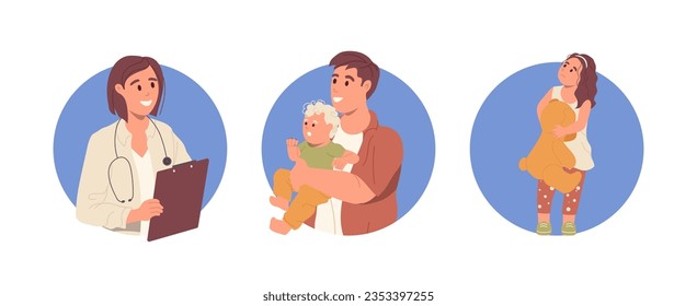 Isolated set of round composition with familt doctor, parent carrying baby and little girl kid