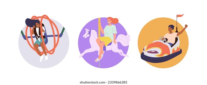 Isolated set of round composition with happy excited people riding amusement park attraction