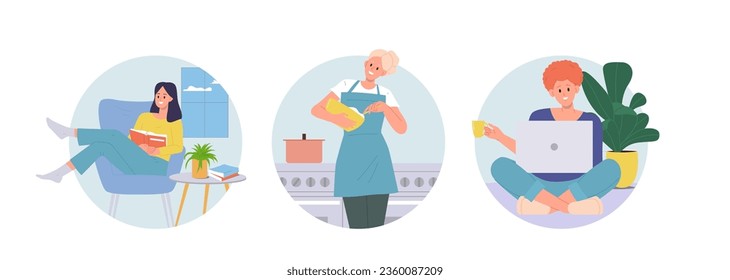 Isolated set of round composition with happy woman cartoon character doing household chores