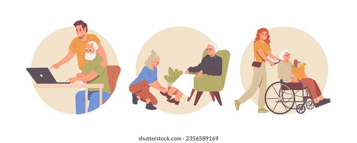 Isolated set of round composition icon with young people helping and taking care of pensioner