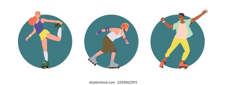 Isolated set of round icon composition with young healthy sportive woman and man rollerblading
