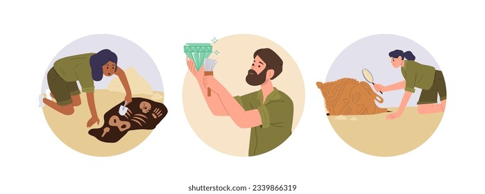 Isolated set of round icon composition showing young people archeologist with tools at work