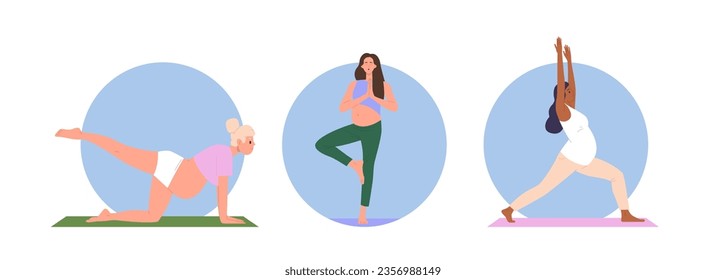 Isolated set of round icon composition with pregnant woman doing yoga exercise physical training