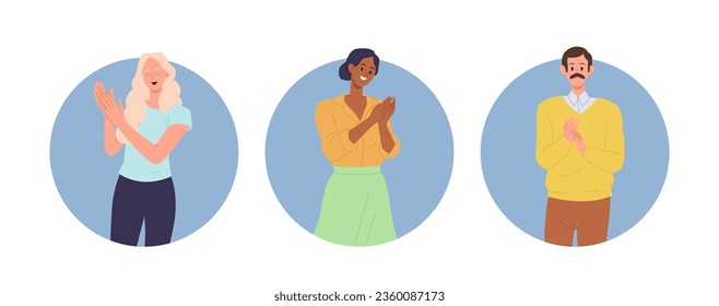 Isolated set of round icon composition with happy people character clapping hands giving compliment