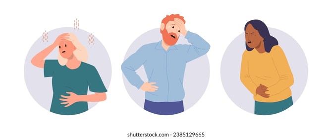 Isolated set of round icon composition with sick unhealthy people cartoon character with flu symptom