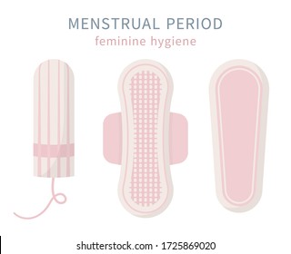 Isolated set of sanitary napkin pad, panty liner, tampon. Flat vector illustration of feminine hygiene products, women cervix protection during period, critical days on white background.