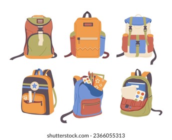 Isolated set of schoolbags front view design, casual rucksack for college or university students