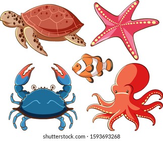 Isolated set of sea animals on white background illustration