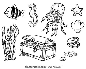 Isolated set of a seashell with a pearl, a jellyfish, a seahorse, a tropical fish, a starfish, a seaweed, a treasure chest. Sea, ocean, water.