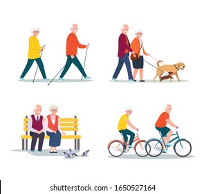 Conjunto aislado de hombres y mujeres mayores caminando, montando una bicicleta, sentados en el banco. Ilustración plana vectorial.