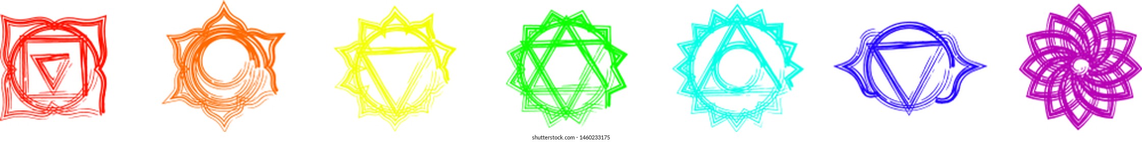 Isolated set of seven chakras. Symbol Color Vector Shape.