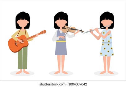 Isolated set of a short hair girl playing Guitar, Violin, and Flute. On white background.