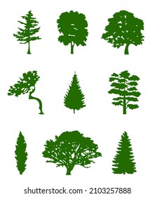 Isolated set of silhouette trees on a white background. The concept of nature, forest and clean ecology. For logos and banners. Vector flat illustration.