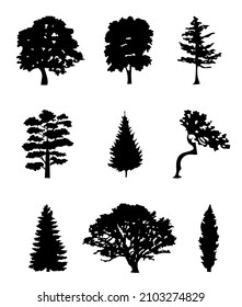 Conjunto aislado de siluetas sobre un fondo blanco. Ilustración vectorial en blanco y negro. Para logos y banners.