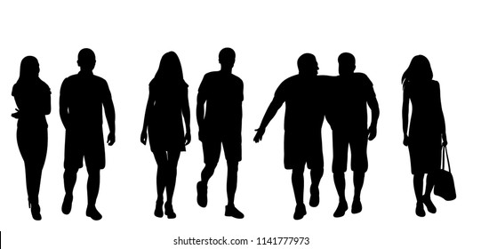isolated, set of silhouettes of walking people