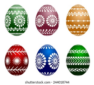 Isolated set of six painted easter eggs. Easter illustration, vector. 