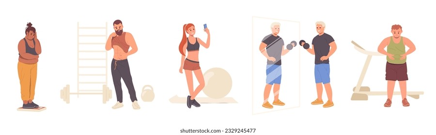 Isolated set of slim sportive and fat overweight people cartoon male and female characters