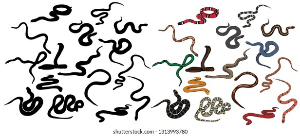 isolated, set of snake crawling, collection of silhouettes