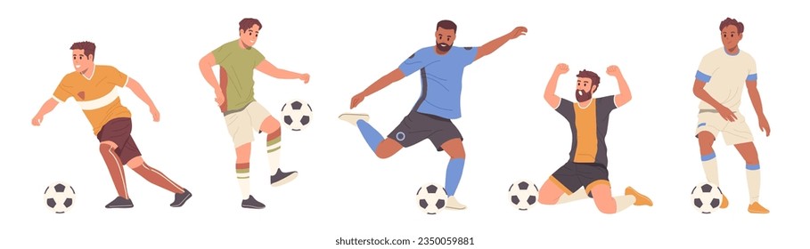 Isolated set of soccer football player team mates jumping, running and kicking ball playing game