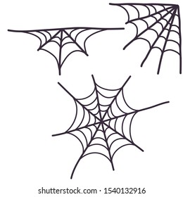 Isolated set of spider web on white background. Holiday element collection. Halloween vector decor.